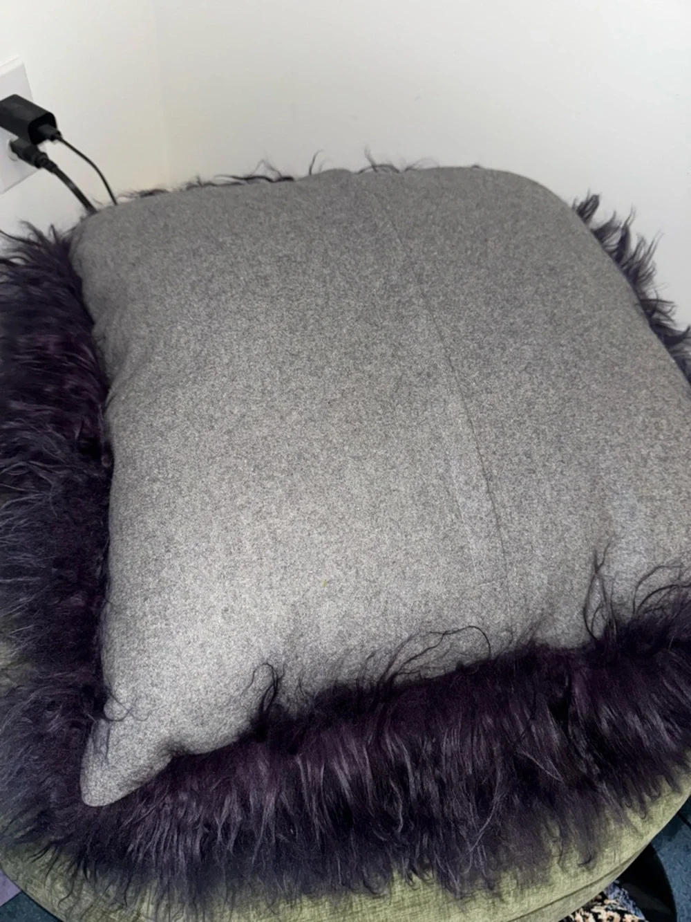 Mongolian Lamb Fur Large Pillow Wool Purple Gray